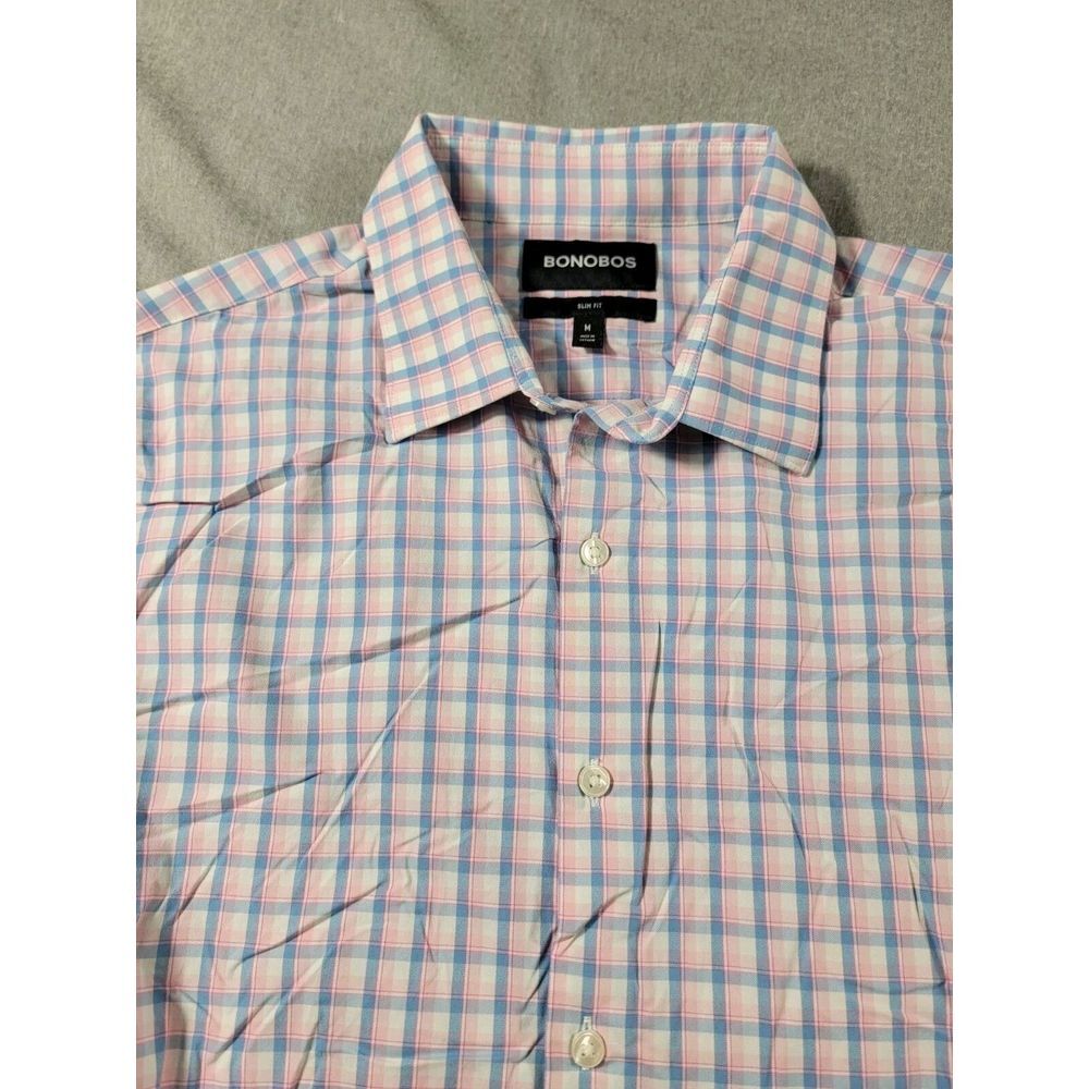 Bonobos Shirt Mens Medium Slim Fit Blue Pink Nylon Plaid Button Up Long Sleeve